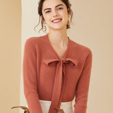 Women V Neck Tie Long Sleeve Pullover Cashmere Sweater